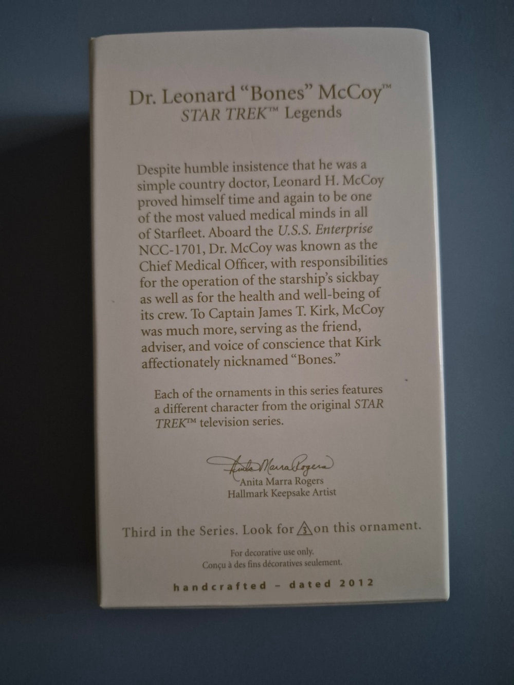 2012 Hallmark Star Trek Legends Dr Leonard Bones McCoy ornament box back