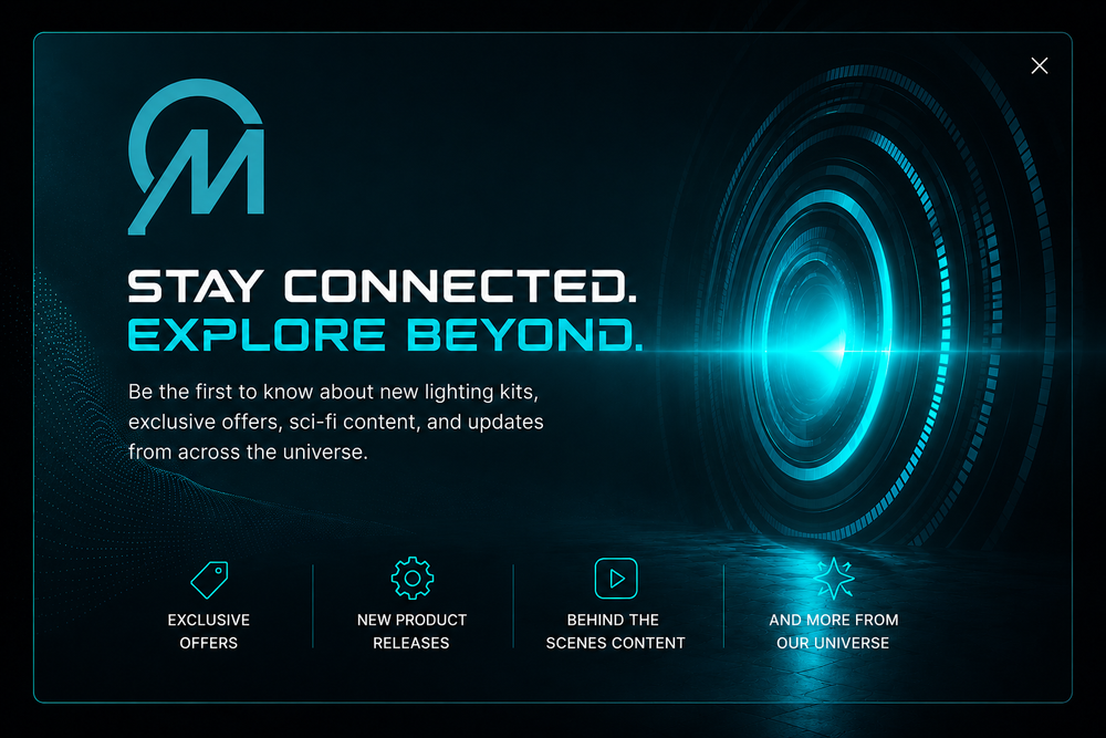 Promotional screen with text 'Stay Connected. Explore Beyond.' and a futuristic design element on a dark background.
