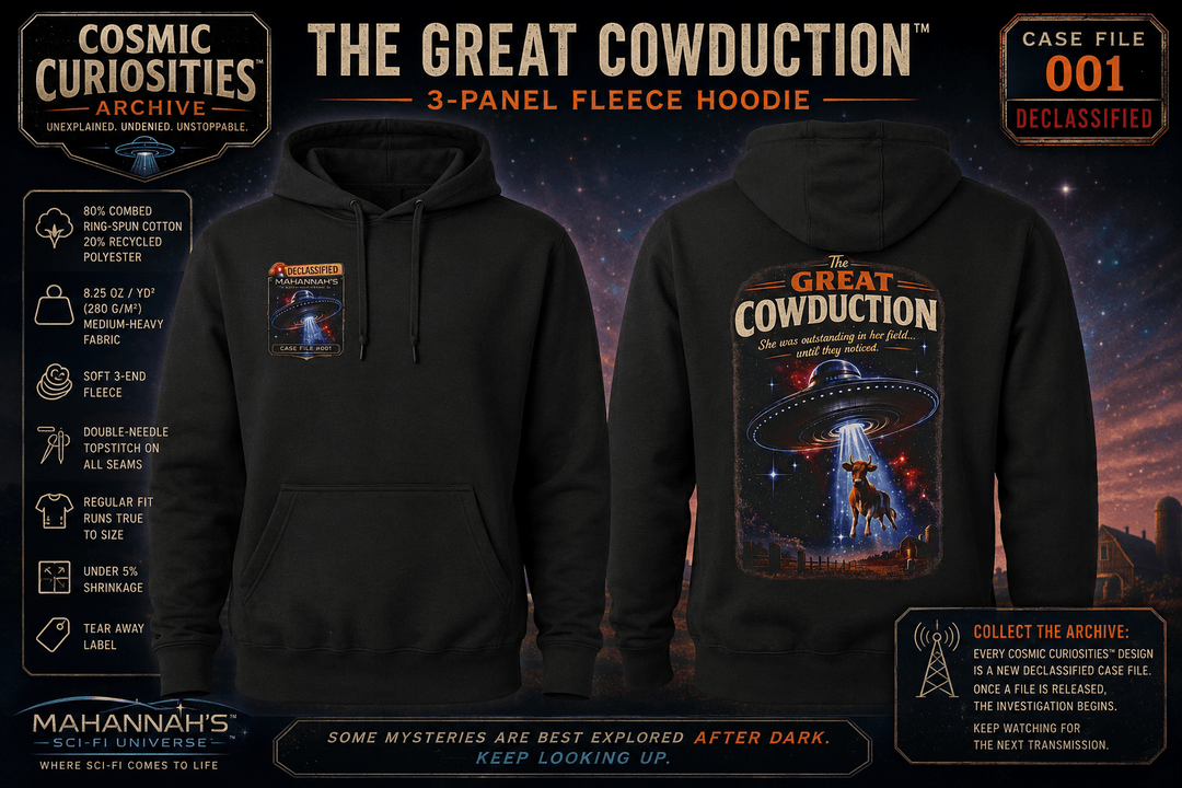 The Great Cowduction™ 3-Panel Fleece Hoodie | Cosmic Curiosities™ Archive – Case File 001 - Mahannah's Sci-fi Universe